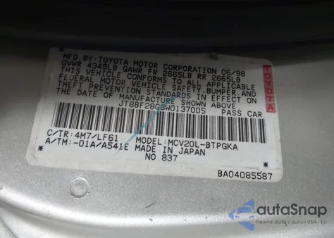 1998 Lexus Es 300 из США, поврежденный, VIN JT8BF28G8W0137005